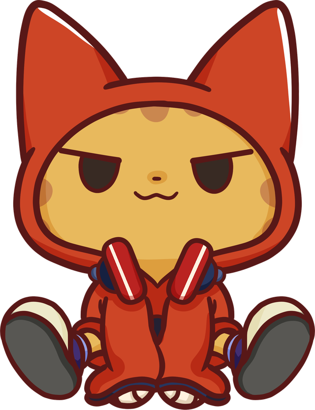 デザイン「ぺたんこ座りニャビ」のイラスト。ゲーム機を抱えて座りこんだ、力の抜けた姿。